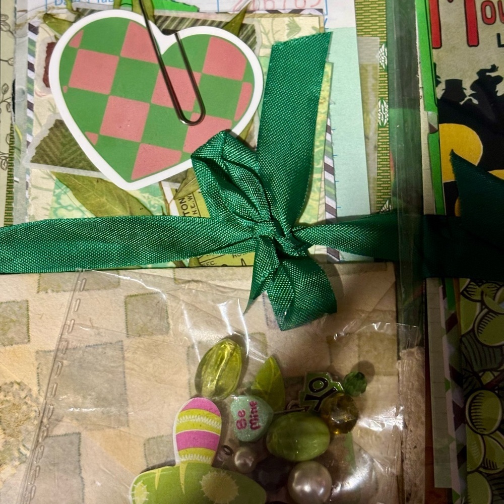 Green Junk journal scrapbook mystery scrap cut supplies ephemera beads collage - Picture 6 of 7